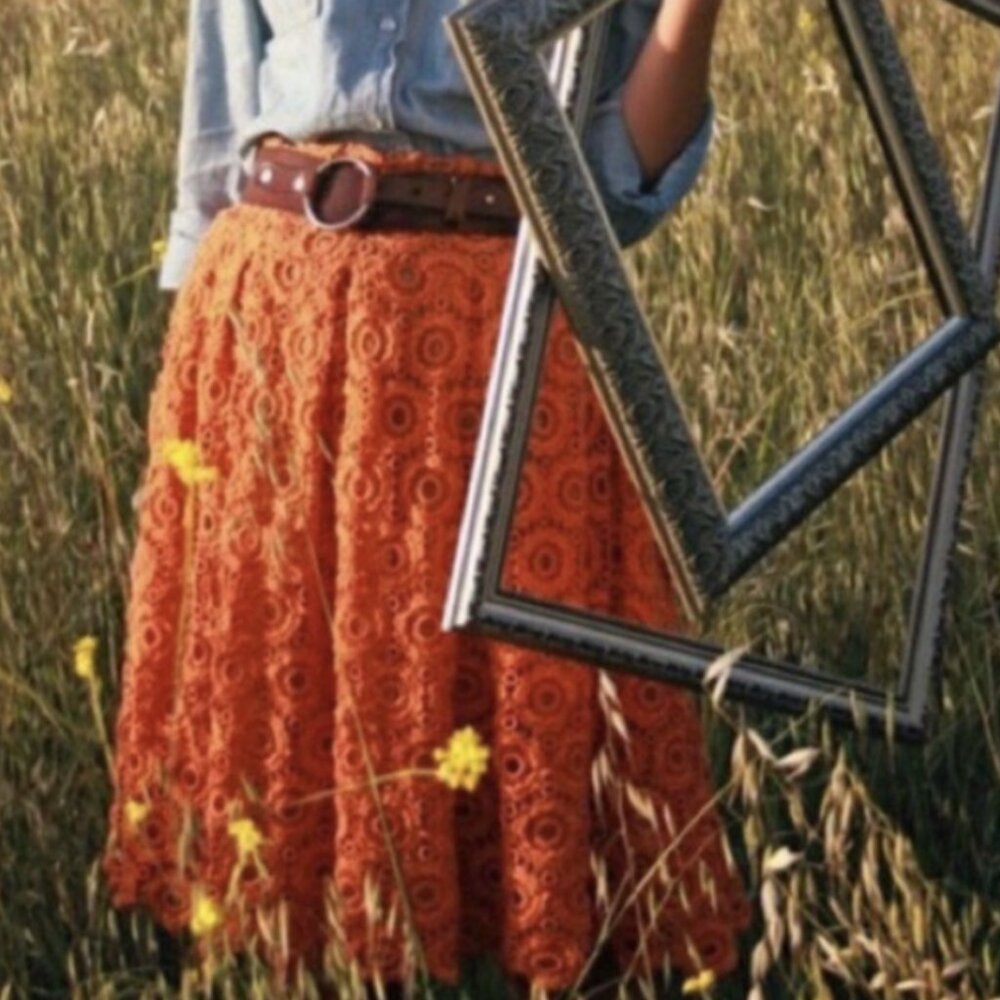 Anthropologie Moulinette Soeurs Crochet Eyelet Skirt Orange Tuberose $188 Size 2